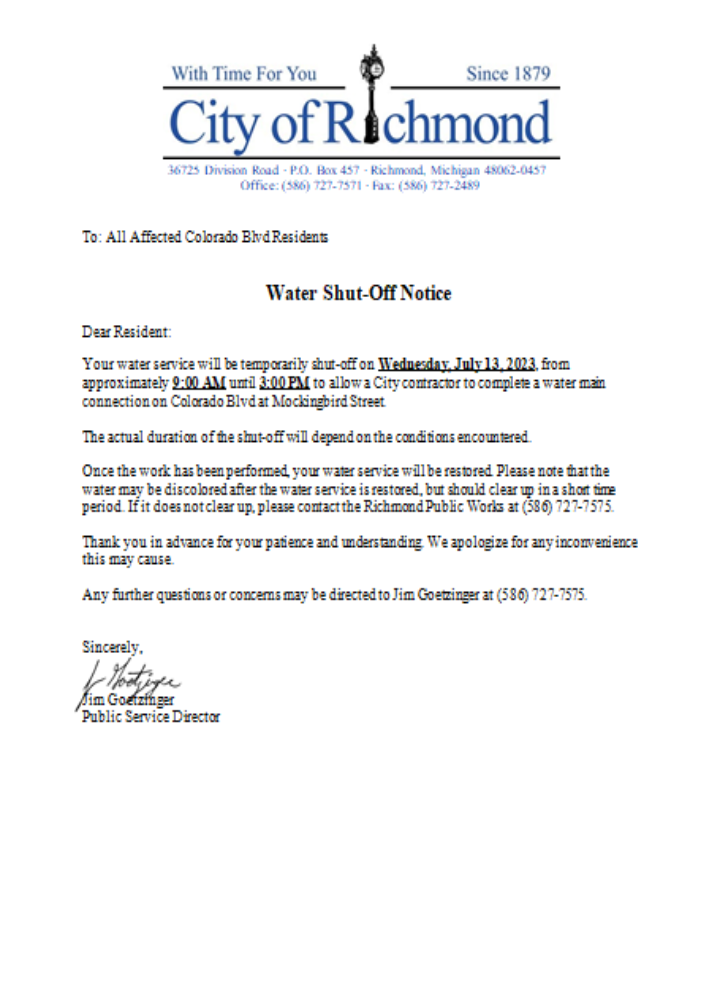 Michigan City of Richmond water shut off notice utility business bill, SCR PSD template